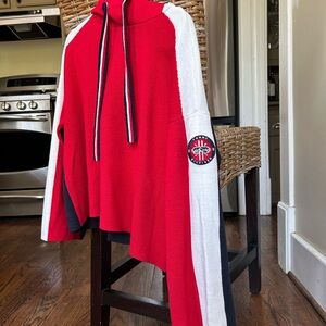 Red and White Hooded Sweater with Patch